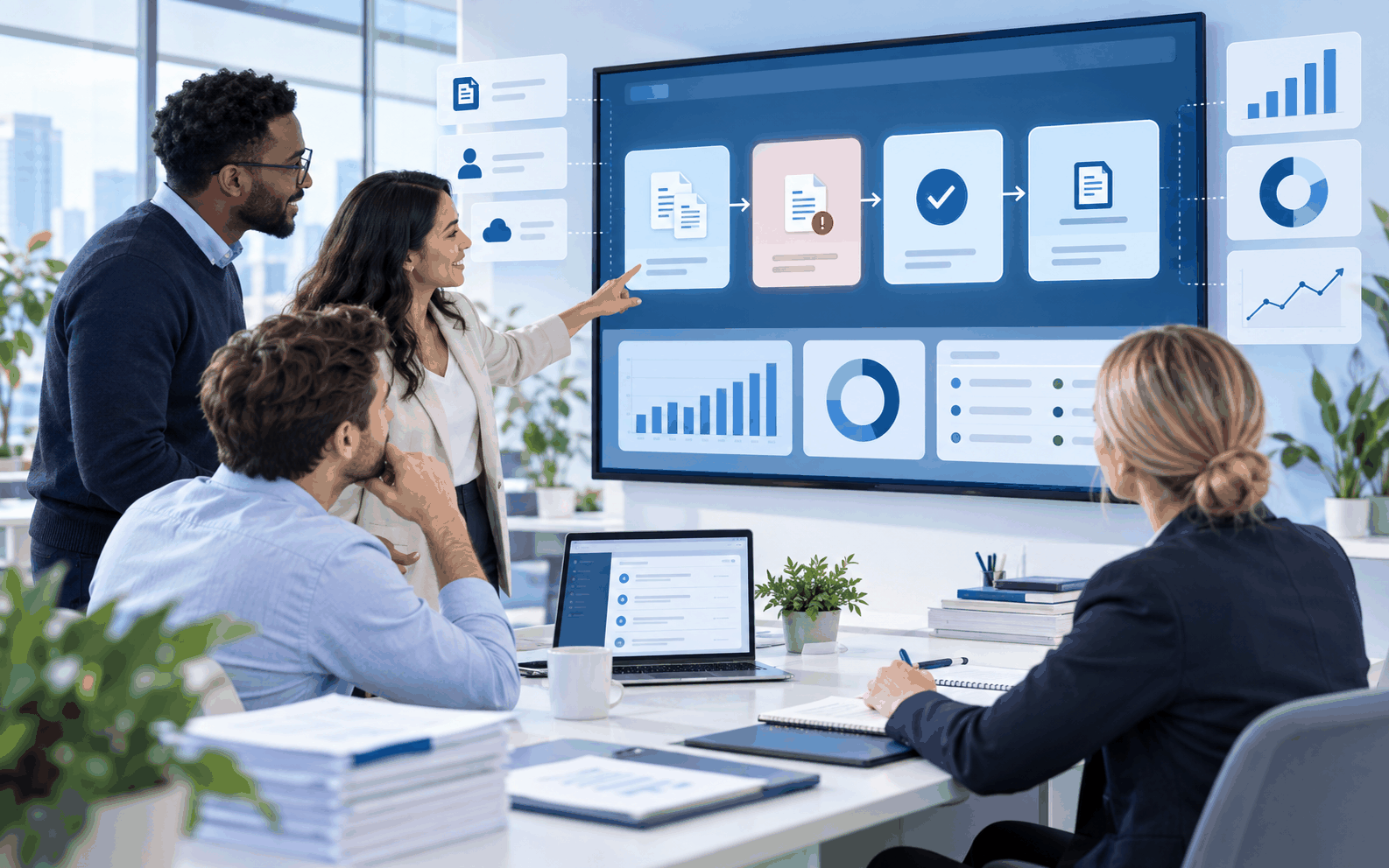 Business operations team reviewing an AI workflow exception and performance results