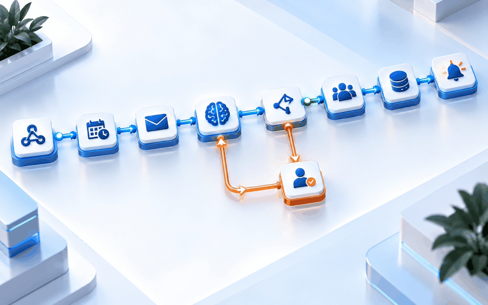 Intelligent workflow connecting a trigger, AI processing, decision, human approval, database and notification