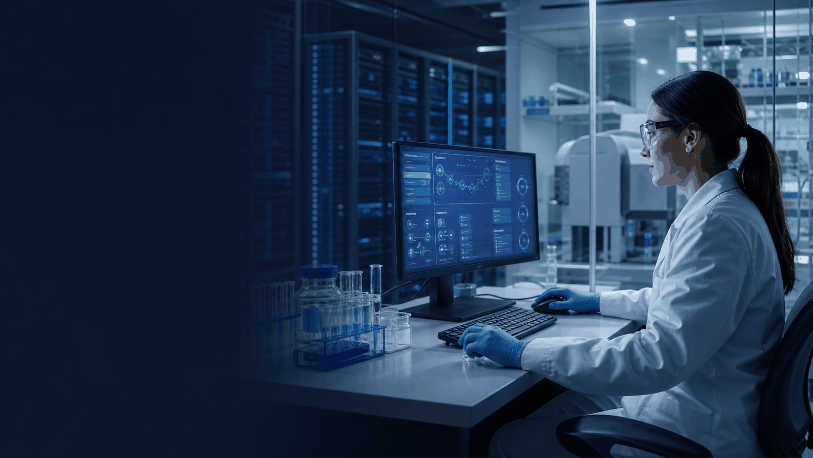 Pharmaceutical laboratory professional using a secure compliance system